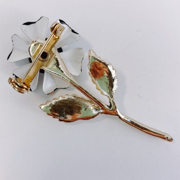 VTG 1960s Brooch Mod Enamel Flower Black White Mid Century Statement Pin - Picture 7 of 9